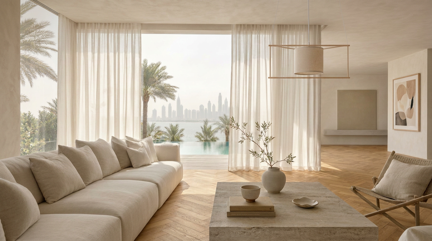 Sunlit villa interior with linen drapes and Mediterranean view