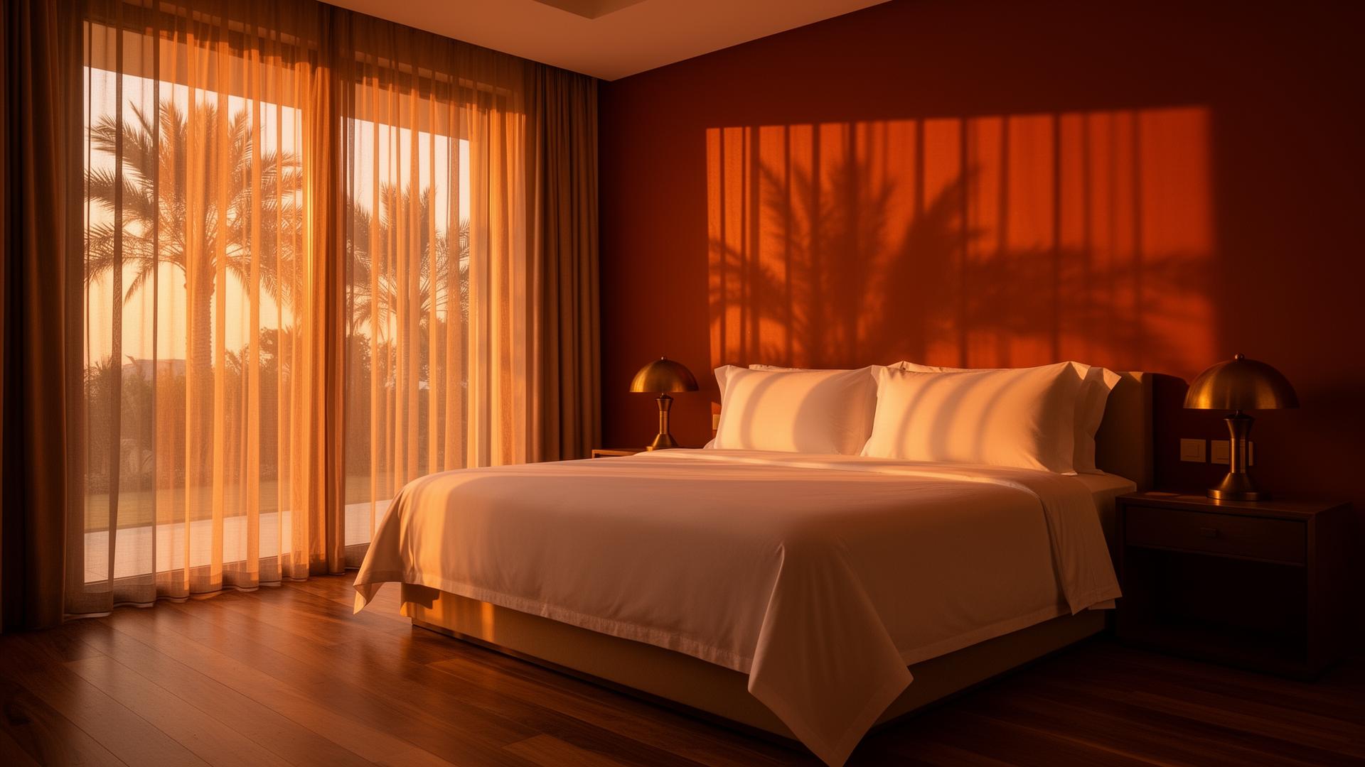 Sunlit villa interior with linen drapes and Mediterranean view