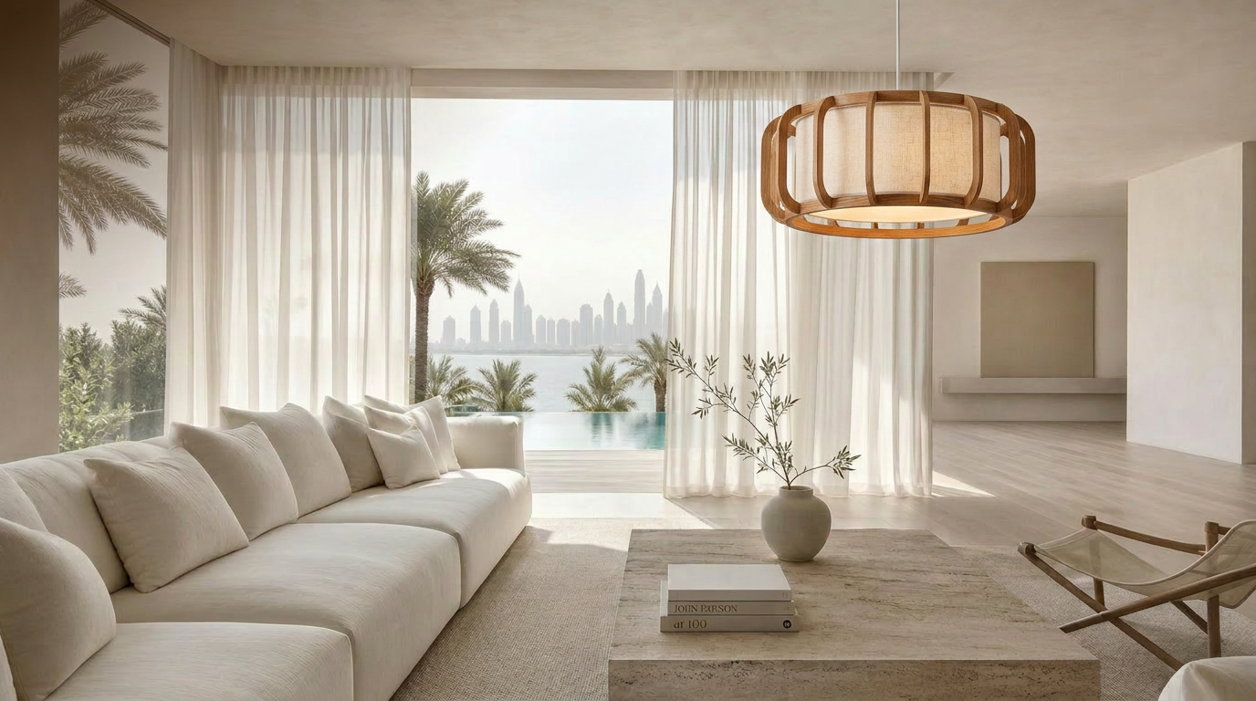 Sunlit villa interior with linen drapes and Mediterranean view