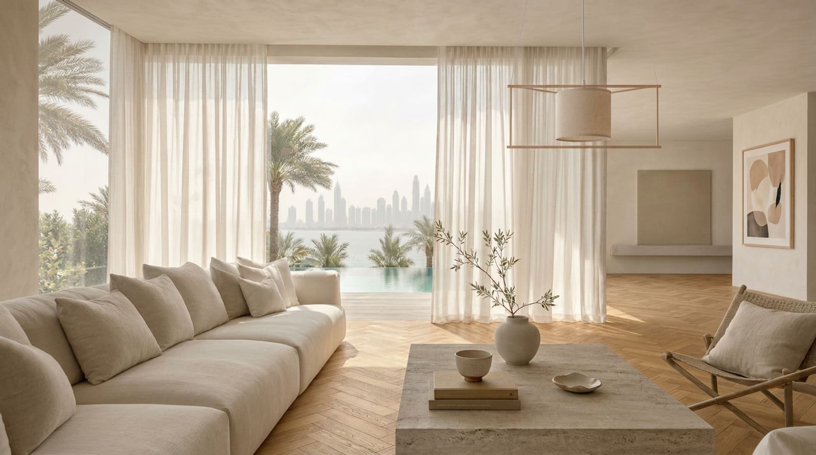 Sunlit villa interior with linen drapes and Mediterranean view